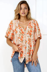 Neo Blouse - High Frill Collar Button Down Shirt in Vondrosa Print