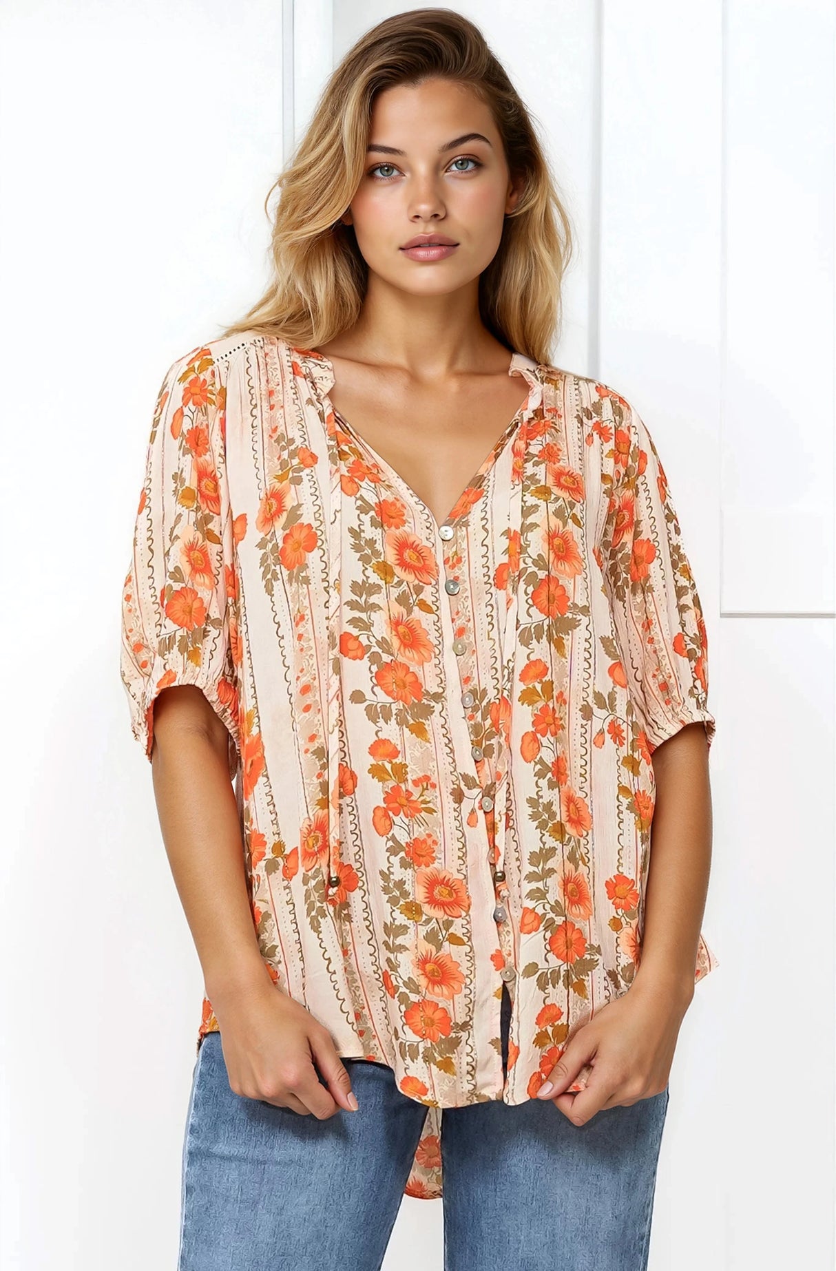 Neo Blouse - High Frill Collar Button Down Shirt in Vondrosa Print