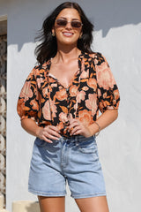 Neo Blouse - High Frill Collar Button Down Shirt in Yasmin Print Black