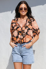 Neo Blouse - High Frill Collar Button Down Shirt in Yasmin Print Black