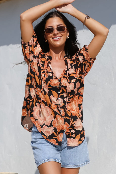 Neo Blouse - High Frill Collar Button Down Shirt in Yasmin Print Black