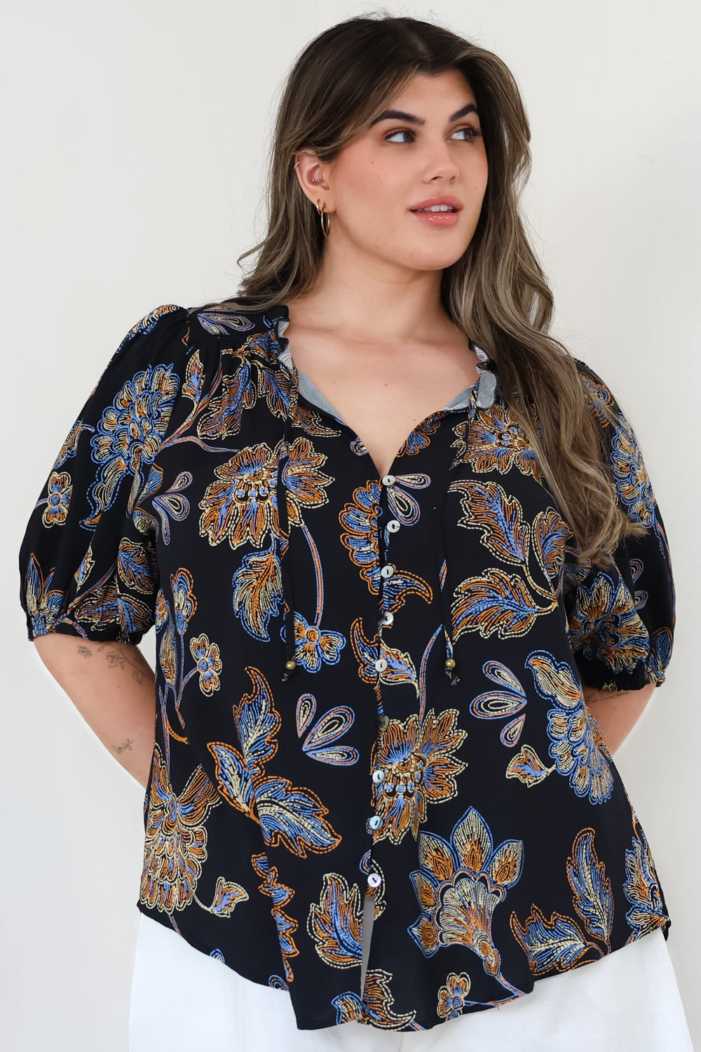 Neo Blouse - High Frill Collar Button Down Shirt in Enchanted Ink Print