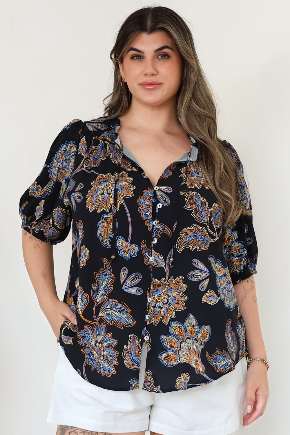 Neo Blouse - High Frill Collar Button Down Shirt in Enchanted Ink Print