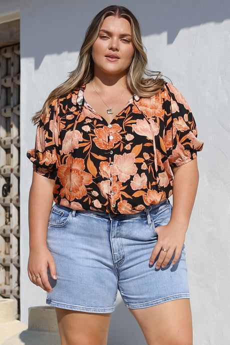 Neo Blouse - High Frill Collar Button Down Shirt in Yasmin Print Black