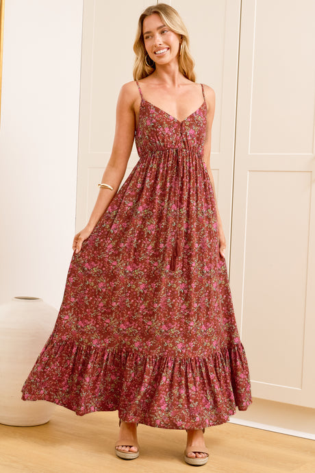 Nerina Maxi Dress - Spaghetti Strap Sun Dress with Pull Tie Waist and Pockets in Giulia Print
