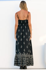 Nerina Maxi Dress - Spaghetti Strap Sun Dress with Pull Tie Waist and Pockets in Roselle Print Black