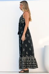 Nerina Maxi Dress - Spaghetti Strap Sun Dress with Pull Tie Waist and Pockets in Roselle Print Black