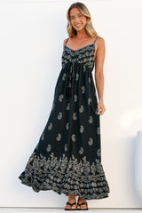 Nerina Maxi Dress - Spaghetti Strap Sun Dress with Pull Tie Waist and Pockets in Roselle Print Black