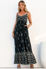 Nerina Maxi Dress - Spaghetti Strap Sun Dress with Pull Tie Waist and Pockets in Roselle Print Black