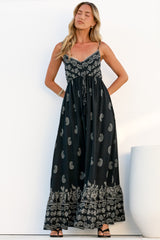 Nerina Maxi Dress - Spaghetti Strap Sun Dress with Pull Tie Waist and Pockets in Roselle Print Black