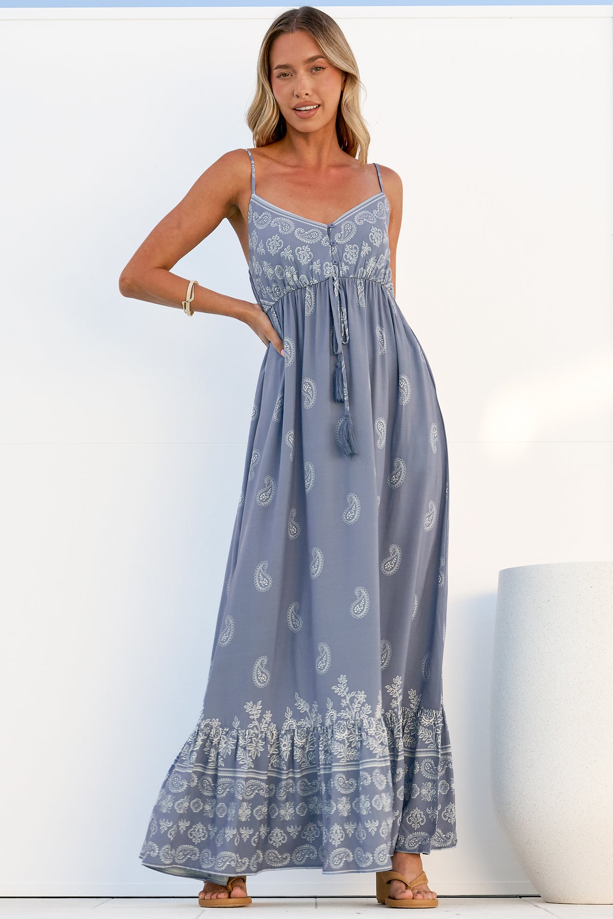 Nerina Maxi Dress - Spaghetti Strap Sun Dress with Pull Tie Waist and Pockets in Roselle Print Blue