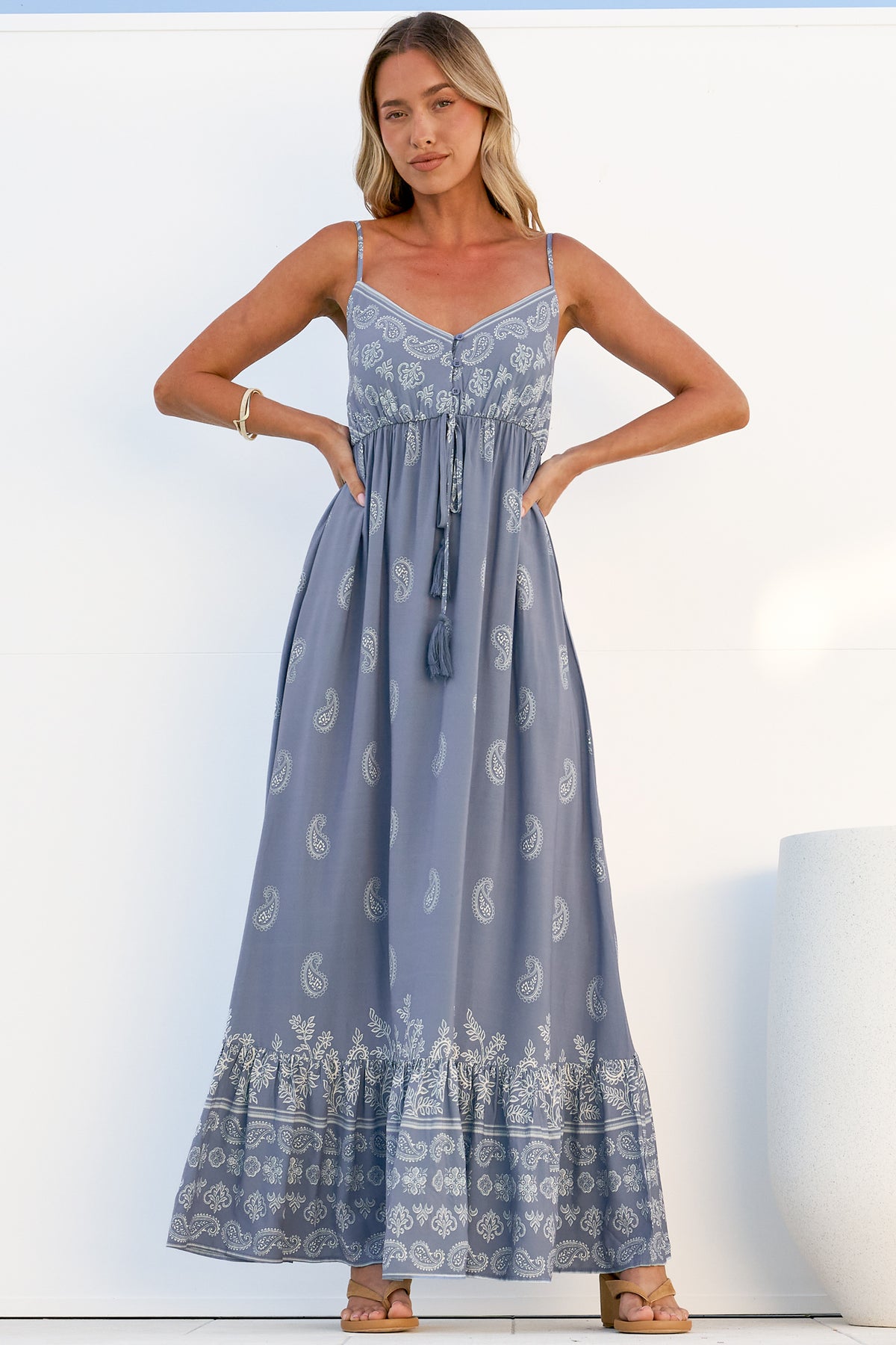 Nerina Maxi Dress - Spaghetti Strap Sun Dress with Pull Tie Waist and Pockets in Roselle Print Blue