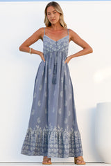 Nerina Maxi Dress - Spaghetti Strap Sun Dress with Pull Tie Waist and Pockets in Roselle Print Blue