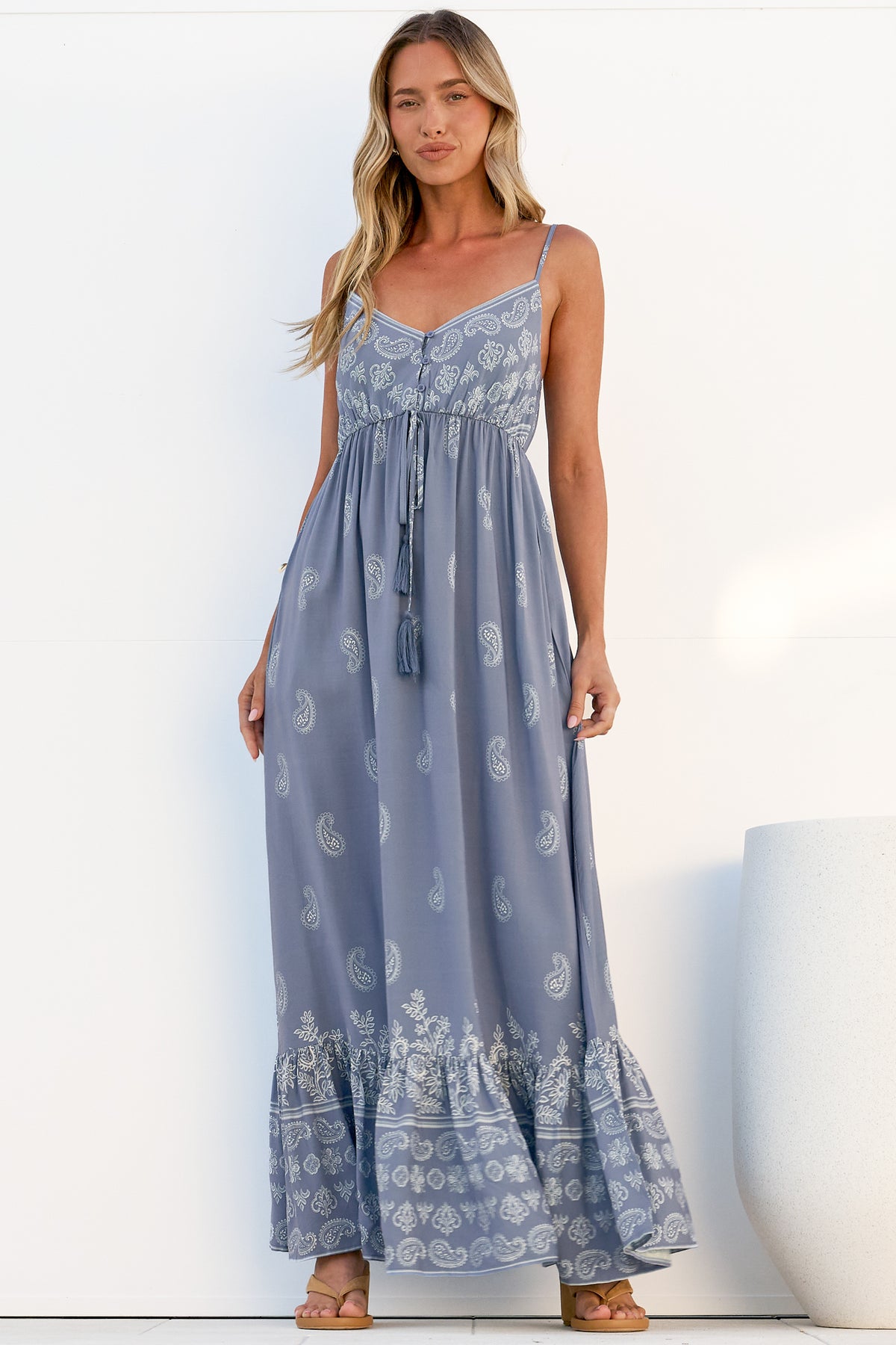 Nerina Maxi Dress - Spaghetti Strap Sun Dress with Pull Tie Waist and Pockets in Roselle Print Blue
