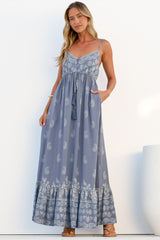 Nerina Maxi Dress - Spaghetti Strap Sun Dress with Pull Tie Waist and Pockets in Roselle Print Blue