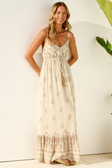 Nerina Maxi Dress - Spaghetti Strap Sun Dress with Pull Tie Waist and Pockets in Roselle Print Cream