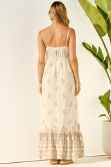 Nerina Maxi Dress - Spaghetti Strap Sun Dress with Pull Tie Waist and Pockets in Roselle Print Cream