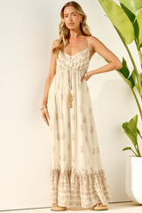 Nerina Maxi Dress - Spaghetti Strap Sun Dress with Pull Tie Waist and Pockets in Roselle Print Cream