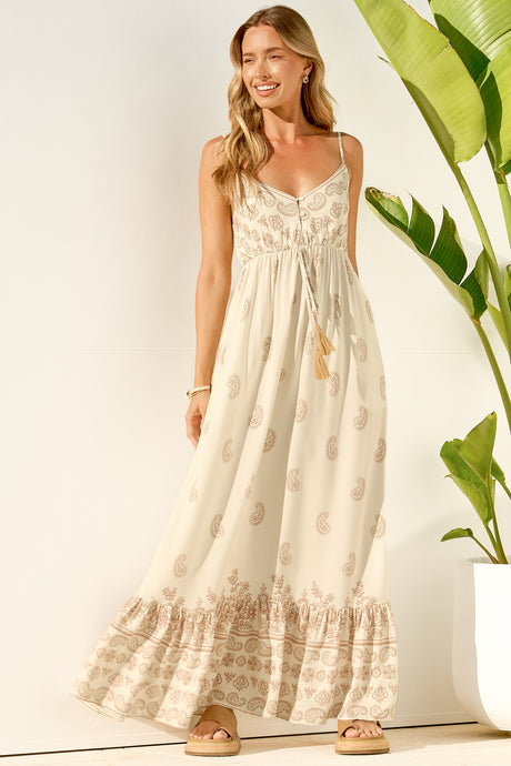 Nerina Maxi Dress - Spaghetti Strap Sun Dress with Pull Tie Waist and Pockets in Roselle Print Cream