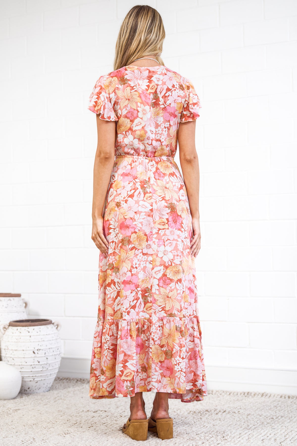 Nerine Maxi Dress - V Neck Button Placket Dress with Drawstring Waist and Flutter Sleeves in Tammi Print