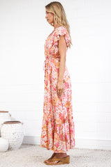 Nerine Maxi Dress - V Neck Button Placket Dress with Drawstring Waist and Flutter Sleeves in Tammi Print