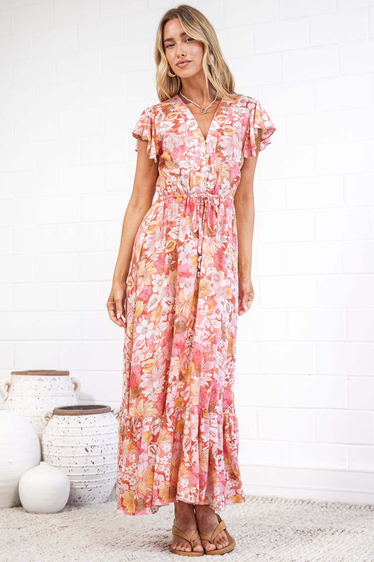 Nerine Maxi Dress - V Neck Button Placket Dress with Drawstring Waist and Flutter Sleeves in Tammi Print