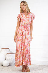 Nerine Maxi Dress - V Neck Button Placket Dress with Drawstring Waist and Flutter Sleeves in Tammi Print