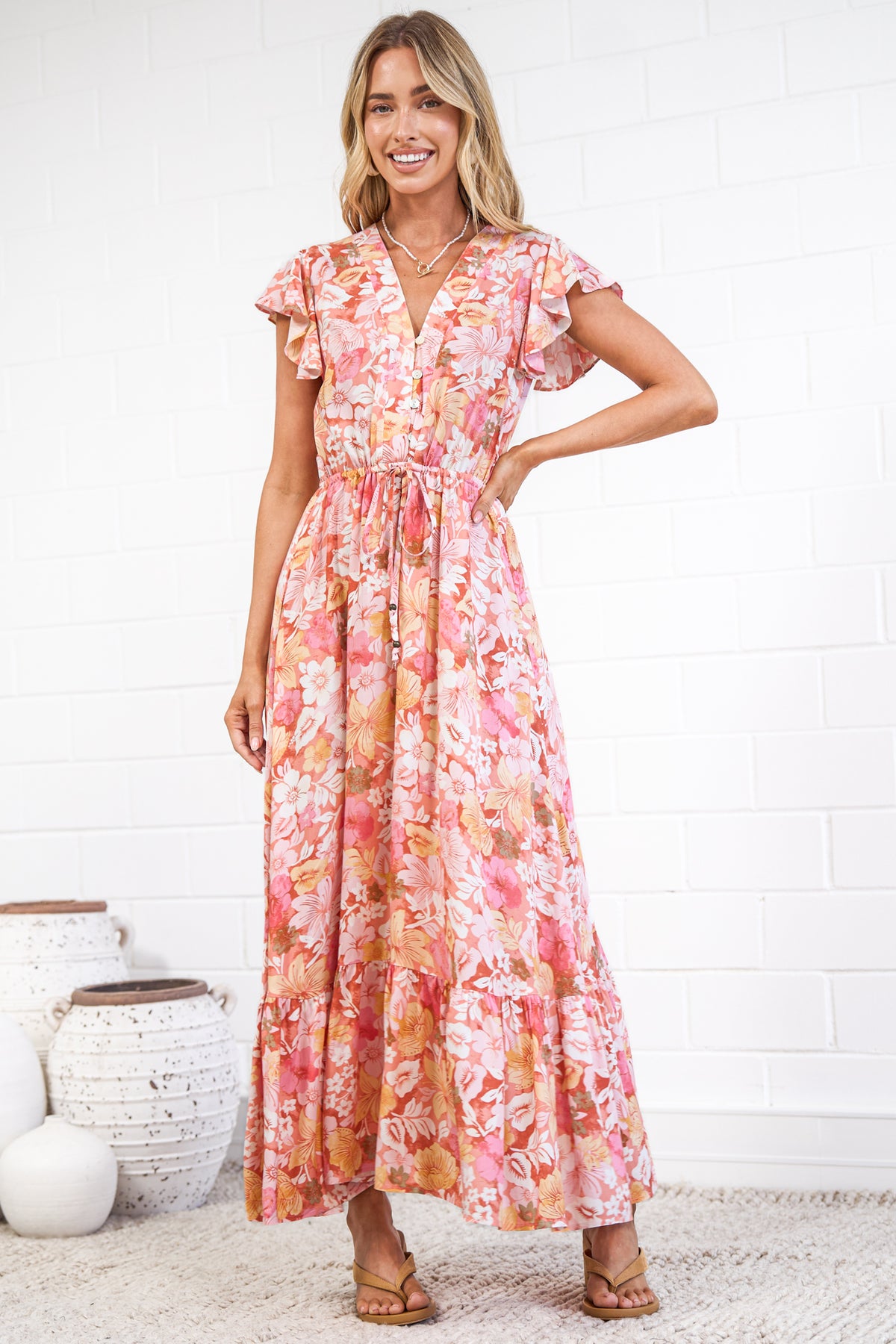Nerine Maxi Dress - V Neck Button Placket Dress with Drawstring Waist and Flutter Sleeves in Tammi Print