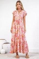 Nerine Maxi Dress - V Neck Button Placket Dress with Drawstring Waist and Flutter Sleeves in Tammi Print