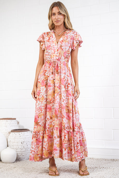 Nerine Maxi Dress - V Neck Button Placket Dress with Drawstring Waist and Flutter Sleeves in Tammi Print