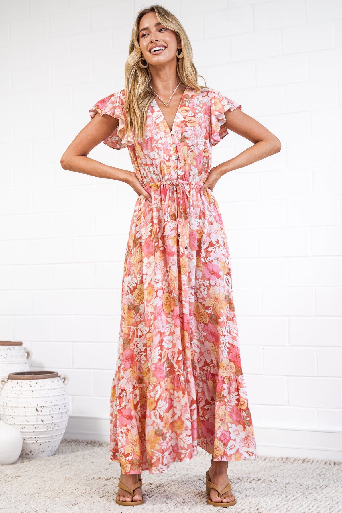 Nerine Maxi Dress - V Neck Button Placket Dress with Drawstring Waist and Flutter Sleeves in Tammi Print