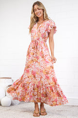 Nerine Maxi Dress - V Neck Button Placket Dress with Drawstring Waist and Flutter Sleeves in Tammi Print