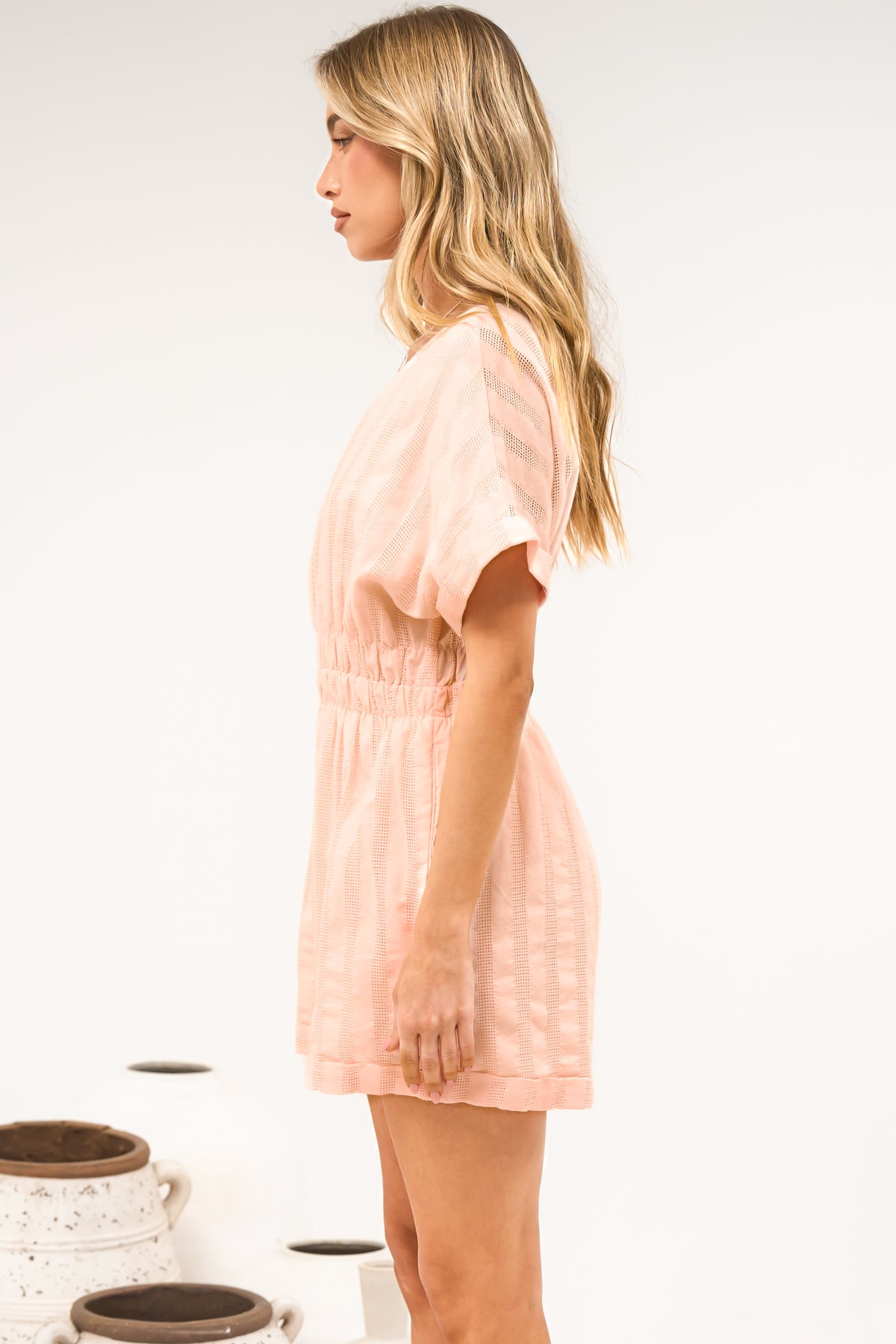 Nerola Playsuit - V Neck Mesh Stripe Playsuit with Short Sleeves and Pockets in Blush