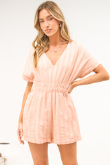 Nerola Playsuit - V Neck Mesh Stripe Playsuit with Short Sleeves and Pockets in Blush