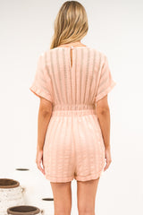 Nerola Playsuit - V Neck Mesh Stripe Playsuit with Short Sleeves and Pockets in Blush