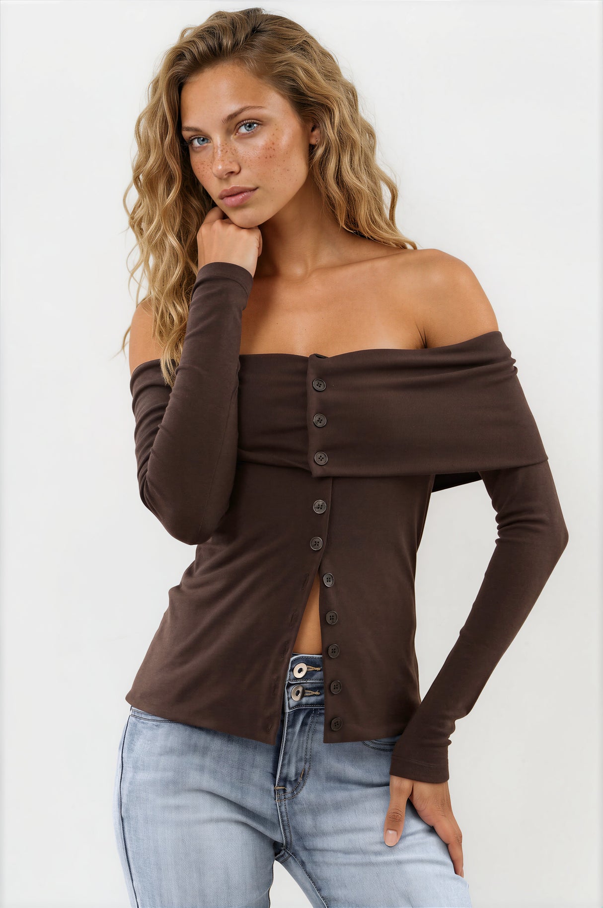 Model wearing Nerola Top in Chocolate from Salty Crush
