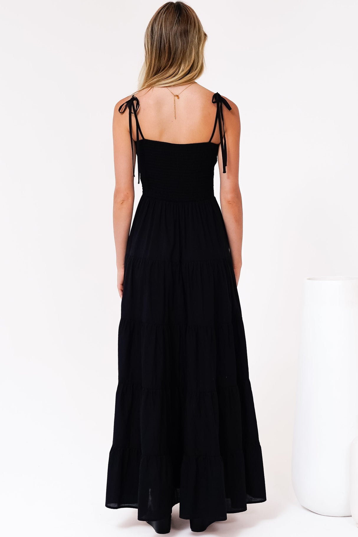 Nessa Maxi Dress - Tie Up Strap Tiered Sun Dress in Black
