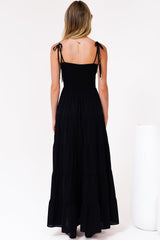 Nessa Maxi Dress - Tie Up Strap Tiered Sun Dress in Black