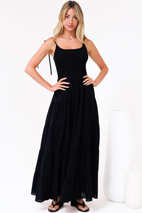 Nessa Maxi Dress - Tie Up Strap Tiered Sun Dress in Black