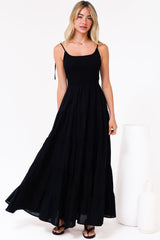 Nessa Maxi Dress - Tie Up Strap Tiered Sun Dress in Black