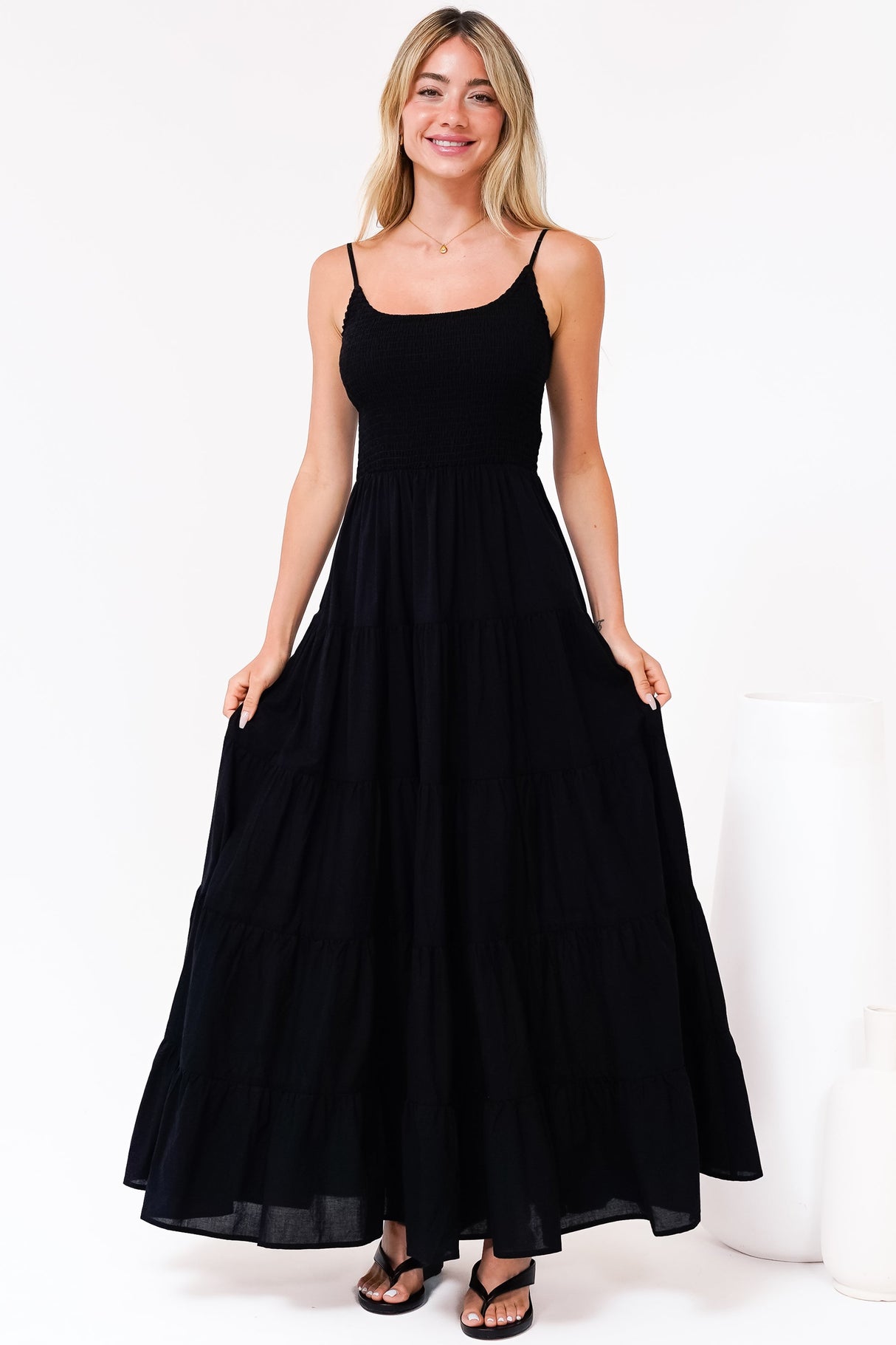 Nessa Maxi Dress - Tie Up Strap Tiered Sun Dress in Black