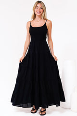 Nessa Maxi Dress - Tie Up Strap Tiered Sun Dress in Black