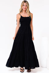 Nessa Maxi Dress - Tie Up Strap Tiered Sun Dress in Black