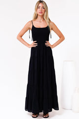 Nessa Maxi Dress - Tie Up Strap Tiered Sun Dress in Black