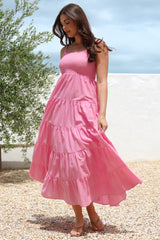 Nessa Maxi Dress - Tie Up Strap Tiered Sun Dress in Pink
