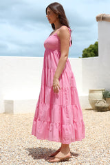 Nessa Maxi Dress - Tie Up Strap Tiered Sun Dress in Pink