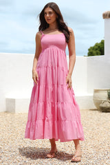 Nessa Maxi Dress - Tie Up Strap Tiered Sun Dress in Pink