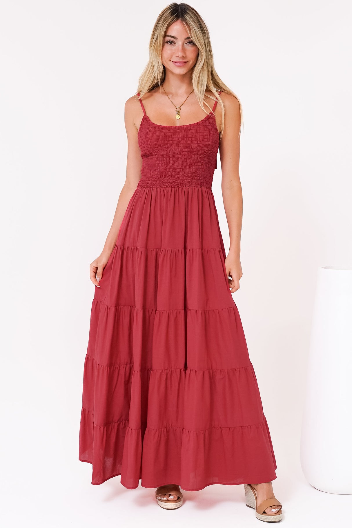 Nessa Maxi Dress - Tie Up Strap Tiered Sun Dress in Red