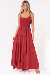 Nessa Maxi Dress - Tie Up Strap Tiered Sun Dress in Red