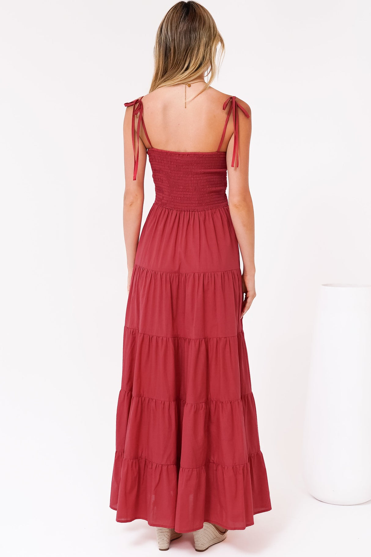 Nessa Maxi Dress - Tie Up Strap Tiered Sun Dress in Red